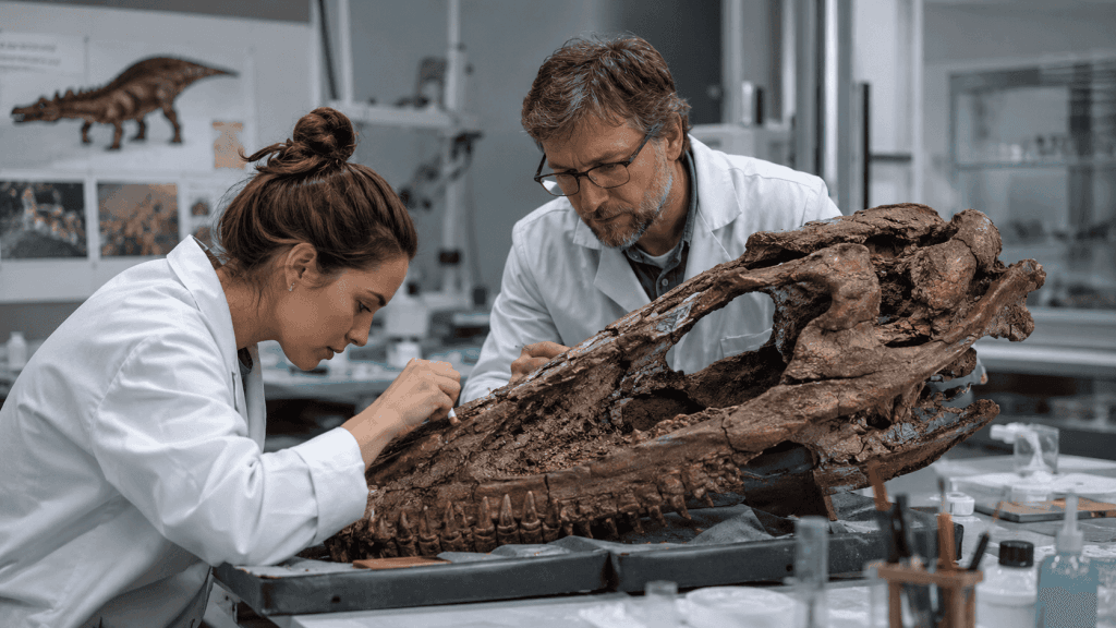 Badanie czaszki dinozaura w laboratorium